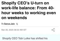 😂Очень смешное наблюдение. Генеральный директор Shopify Тоби Лютке резко изменил свое отношение к балансу между работой и личной жизнью