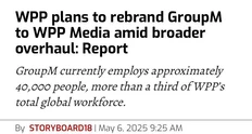 🤔WPP планирует сменить название своего медиаподразделения GroupM, переименовав его в Group4media WPP Media для усиления конкурентоспособности и упрощения структуры