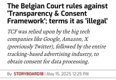 🤓Бельгийский суд признал «Систему прозрачности и согласия» (TCF), широко используемую крупными компаниями как Google, Amazon и X для получения согласия на обработку данных незаконной