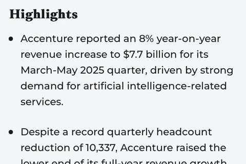 🤔AI выкашивает линейный персонал консультантов. Accenture, глобальная компания в сфере ИТ-услуг и консалтинга (ранее Андерсон консалтинг) зафиксировала